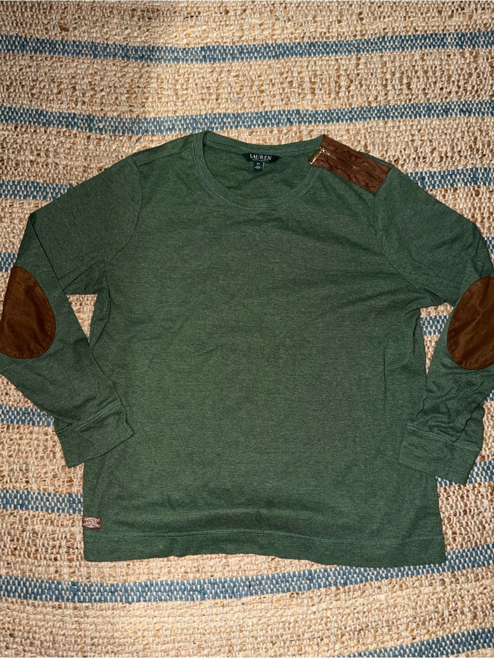 Lauren Ralph Lauren Shirt Women’s Large Green Suede Elbow Patch Zipper Knit Top